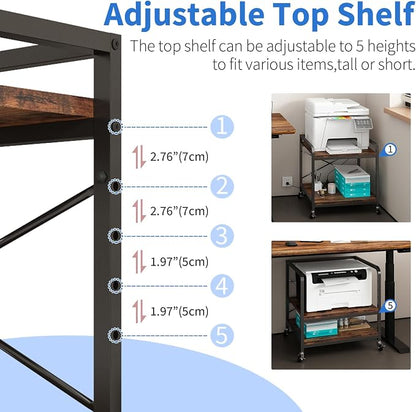 METYERRY Under Desk Printer Stand with Power Outlet,2 Tier Large Printer Table with Adjustable Shelf,Rolling Printer Cart with Industrial Wheels for Home Office,20"×20" Rustic Brown