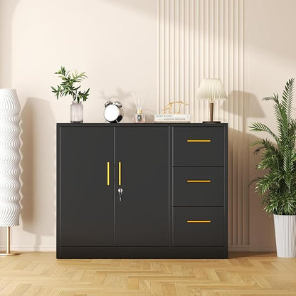 GAIOUS Lateral File Cabinet with 3 Drawers, Metal Storage Cabinet with Lock, Black Sideboard Buffet, Multi-Functional Accent Cabinets for Home Office Living Room Entryway