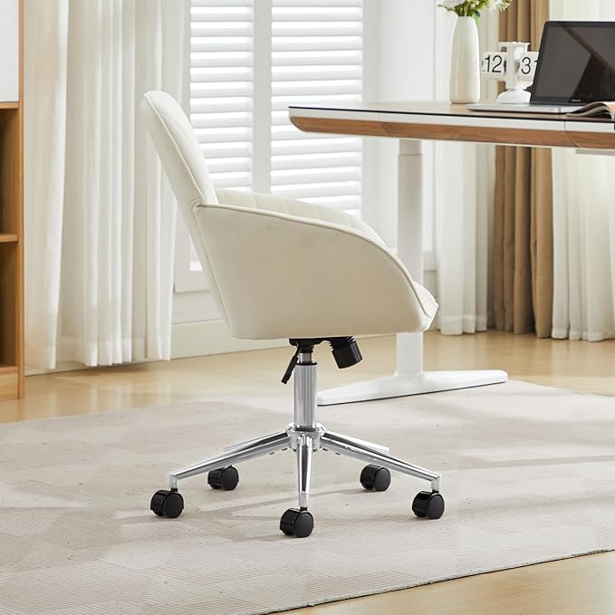 YITAI Velvet Office Desk Chair with Wheels and Silver Base,Modern Height Adjustable 360 Degree Swivel Upholstered Vanity Chairs with Arms for Living Room Bedroom, Study,White