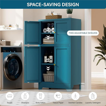 Bevivog Bathroom Floor Storage Cabinet,Metal Accent Cabinets with 4 Doors and 2 Adjustable Shelves,Blue Storage Locker Cabinets Organizer for Pantry Kitchen,Living Room,Hallway, Restroom