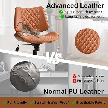 Armless Office Chair with Wheels, Ergonomic Leather Chair, Mid Back 360 Swivel Computer Chair, Modern Walnut Desk Chair for Small Space, Reading, Meeting Room, Brown, Faux Leather
