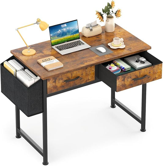 CAIYUN Computer Office Desk for Small Space with Fabric Drawers, Home Office Desk for Bedroom with Side Pocket and Hook, 31 Inch Brown Kid’s Desk, Writing Desk, Study Table and Work Desk