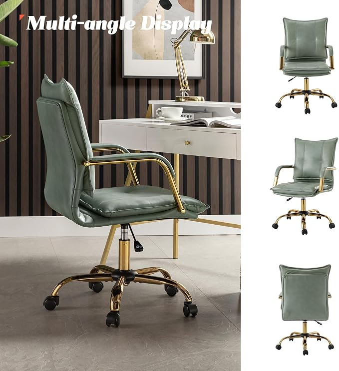 HULALA HOME Faux Leather Home Office Desk Chair, Adjustable Swivel Computer Chair with Golden Legs and Arms, Comfy Upholstered Task Chair, Sage
