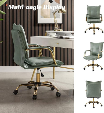 HULALA HOME Faux Leather Home Office Desk Chair, Adjustable Swivel Computer Chair with Golden Legs and Arms, Comfy Upholstered Task Chair, Sage