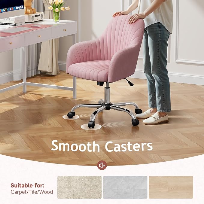 Warmiehomy Velvet Vanity Chair with Back, Desk Chair for Home Office, Comfy Cute Makeup Chair with Arm Rest for Bedroom, Office Furniture, Blush Pink