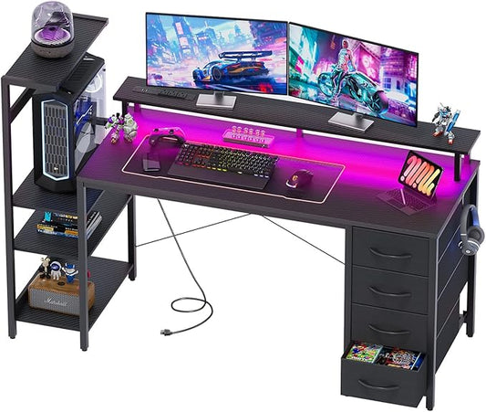 59 Inch Gaming Desk with Power Outlet and LED Lights, Computer Desk with 4 Drawers & Storage Shelves, Reversible Home Office Desk with Monitor Stand for Small Space Bedroom, Carbon Fiber Black
