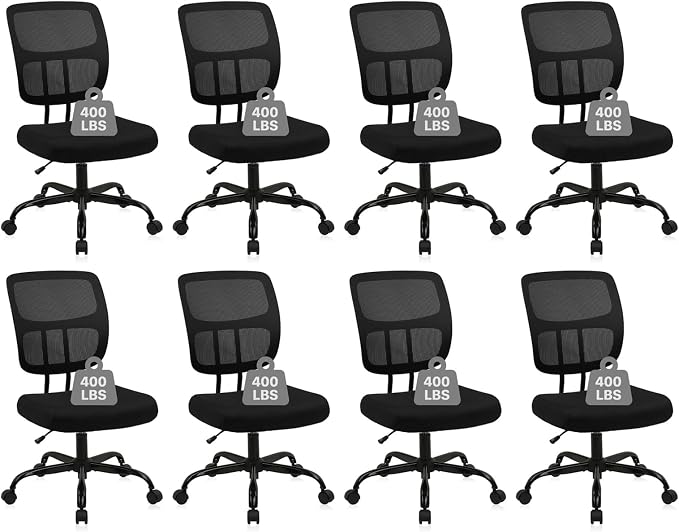 CLATINA Armless Home Office Chair, Small Ergonomic Mesh Back Desk Chair with Lumbar Support and Wheels, Adjustable Height 360° Swivel Rolling Computer Chair for Conference Waiting, Black, 8Pack
