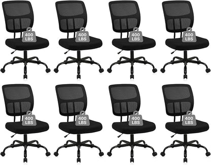 CLATINA Armless Home Office Chair, Small Ergonomic Mesh Back Desk Chair with Lumbar Support and Wheels, Adjustable Height 360° Swivel Rolling Computer Chair for Conference Waiting, Black, 8Pack