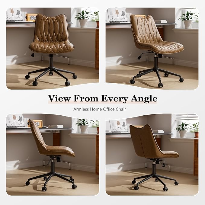 Armless Office Chair, Swivel Rolling Leather Desk Chair, Brown | Waterproof Upholstery, Padded Seat, 15° Relaxing Tilt, 330 LBS Capacity, for Bedroom Vanity and Computer Work