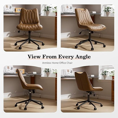 Armless Office Chair, Swivel Rolling Leather Desk Chair, Brown | Waterproof Upholstery, Padded Seat, 15° Relaxing Tilt, 330 LBS Capacity, for Bedroom Vanity and Computer Work