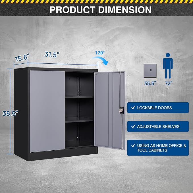 Fesbos Metal Storage Cabinet-36” Tall Steel File Cabinets with Lockable Doors and Adjustable Shelves-Black&Gray Steel Storage Cabinet for Home Office, School, Garage