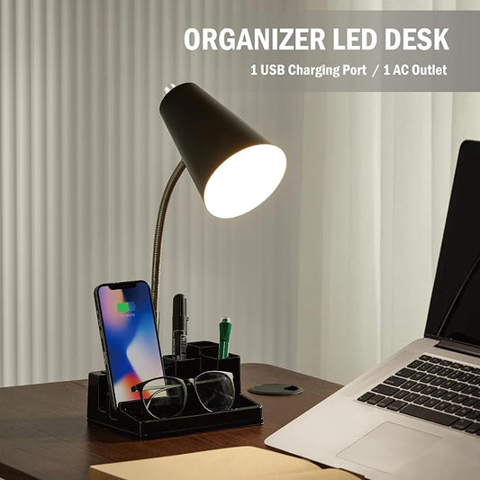 HonoDing E26 Desk Lamp with 1 USB Charging Port and 1 AC Outlet, Organizer Base, Adjustable Neck, On/Off Switch, Modern Table Lamp for Reading, Working, Studying(Black)