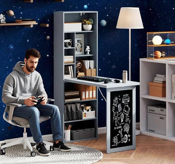 Foldable Wall Mounted Desk with Storage Shelves & Blackboard, Fold-Out Convertible Writing Table for Small Spaces | Space-Saving Floating Computer Desk for Home Office (Grey)