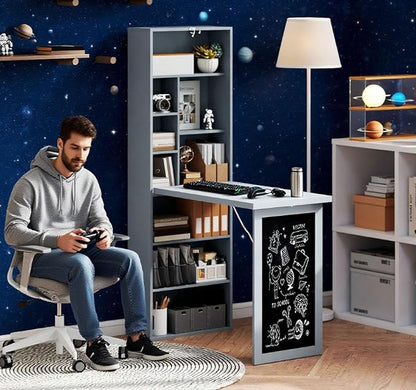 Foldable Wall Mounted Desk with Storage Shelves & Blackboard, Fold-Out Convertible Writing Table for Small Spaces | Space-Saving Floating Computer Desk for Home Office (Grey)