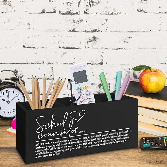 School Counselor Gifts Black Wooden Pen Pencil Holder for Desk, Appreciation Gifts for School Counselor Wood Makeup Brush Toothbrush Holder Organizer for Guidance Counseling Office