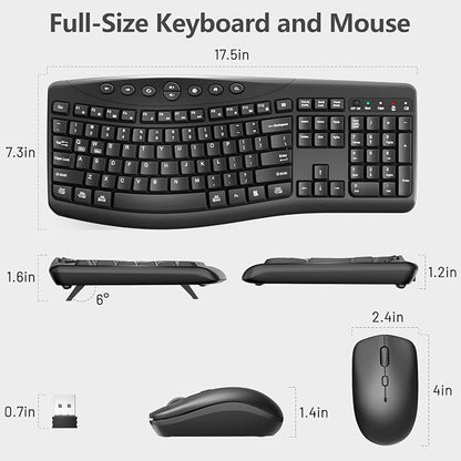 Wireless Keyboard and Mouse Combo, 2.4G Full Size Quiet Ergonomic Curved Keyboard for Natural Typing, 3-Level DPI Adjustable Silent Mouse for Windows, Mac OS, Desktop/Laptop/Office and Home (Black)