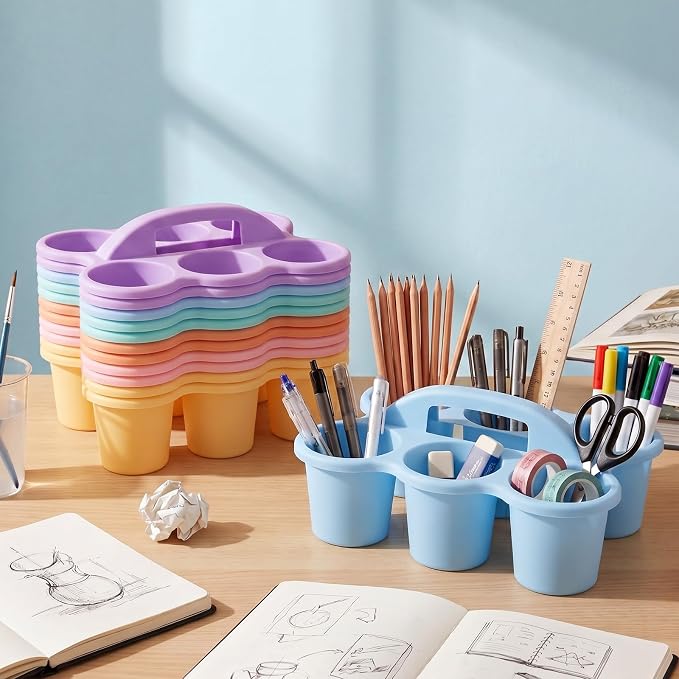 12 Pcs Classroom Caddy Bulk - Plastic 6 Compartments Table Storage Caddy with Handle for School Pencil, Crafts Marker, Crayon Art, Drink Cup Delivery (Macaron Colors)