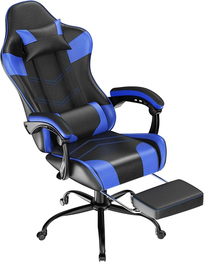 Gaming Chair with Footrest, Ergonomic Video Game Chair with Headrest and Lumbar Support, 400 lbs Adult Chair, Height Adjustable 360° Swivel High Back Reclining Computer Chair for Home Office (Blue)