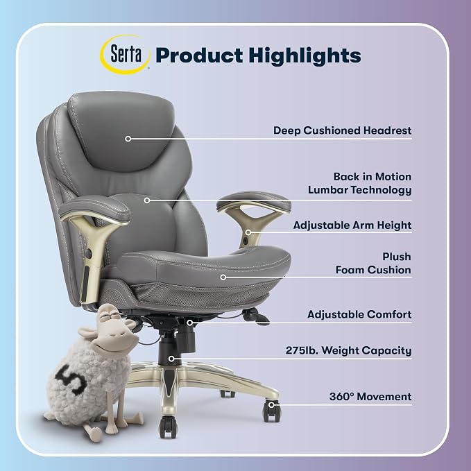 Serta Claremont Ergonomic Executive Office Chair with Back in Motion Technology, Adjustable Mid Back Desk Chair with Lumbar Support, Bonded Leather, Gray