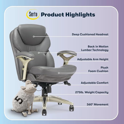 Serta Claremont Ergonomic Executive Office Chair with Back in Motion Technology, Adjustable Mid Back Desk Chair with Lumbar Support, Bonded Leather, Gray