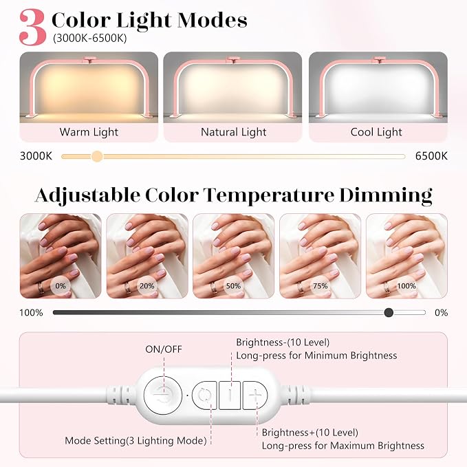 LIONVISON Nail Light Half Moon: 29" Foldable Half Moon Light for Nail Desk - 3 Color Modes & 10 Brightness - Arch LED Nail Desk Lamp with Phone Holder for Manicure Salon (Pink with Diamond)