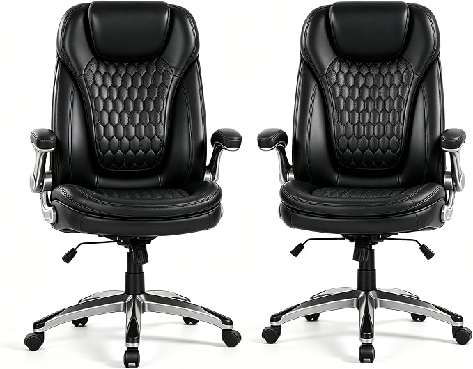 COLAMY High Back Executive Office Chair (Set of 2), Ergonomic PU Leather Desk Chairs with Flip-Up Arms and Upgraded Swivel Casters, Comfortable Computer Chairs for Home Office – Black