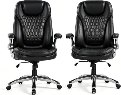 COLAMY High Back Executive Office Chair (Set of 2), Ergonomic PU Leather Desk Chairs with Flip-Up Arms and Upgraded Swivel Casters, Comfortable Computer Chairs for Home Office – Black
