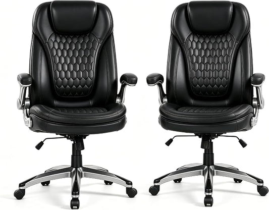 COLAMY High Back Executive Office Chair (Set of 2), Ergonomic PU Leather Desk Chairs with Flip-Up Arms and Upgraded Swivel Casters, Comfortable Computer Chairs for Home Office – Black