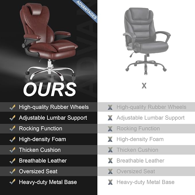 Office Chair, Home Desk Chair, Ergonomic Computer Chair with Lumbar Support, Executive Leather Chair with Flip-Up Armrests, Big and Tall Swivel Rolling Chair, Brown