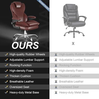 Office Chair, Home Desk Chair, Ergonomic Computer Chair with Lumbar Support, Executive Leather Chair with Flip-Up Armrests, Big and Tall Swivel Rolling Chair, Brown