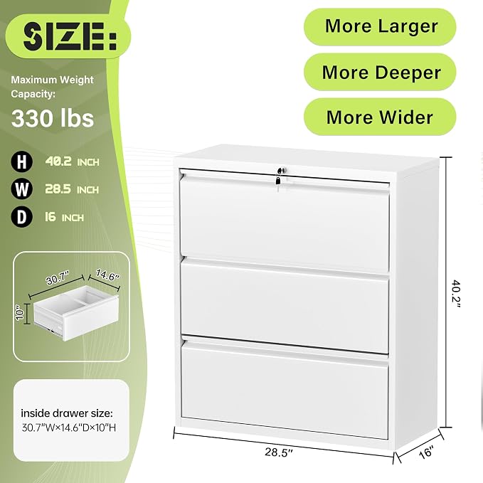 Crownland Lateral File Cabinet with 3 Drawers, 28" W Metal Lockable Office File Cabinets for Home Office- Stores Letter/Legal/A4/F4 Files(White)