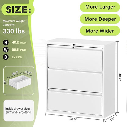 Crownland Lateral File Cabinet with 3 Drawers, 28" W Metal Lockable Office File Cabinets for Home Office- Stores Letter/Legal/A4/F4 Files(White)
