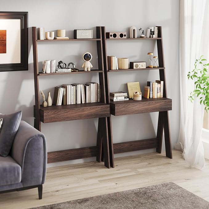 Tangkula Ladder Desk with Countertop & Drawer, Home Office Computer Laptop Table with Open Shelves & Anti-Tip Kits, Wall-Leaning Compact Working Station for Small Spaces (Walnut)