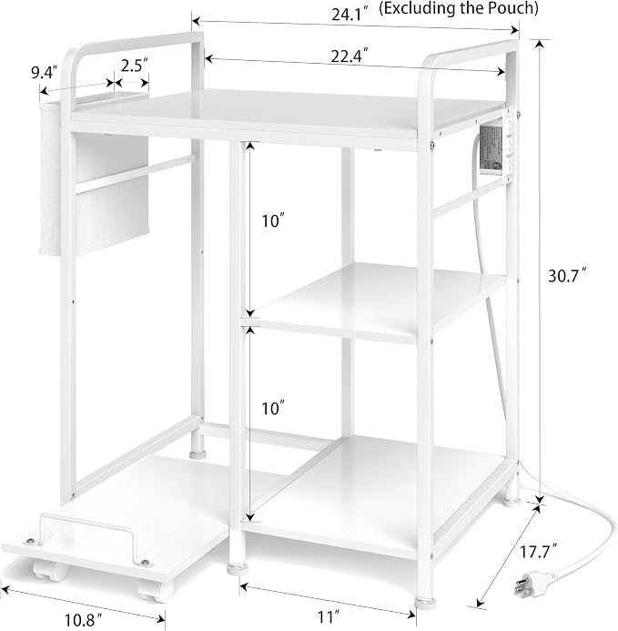 Sedegn Large Printer Stand with 3 AC Outlets for Home Office Devices | Heavy-Duty Printer Table for Laser Printer, Side Paper Storage Bag, 3-Tier Organizer for Shredder, PC Tower & Supplies, White