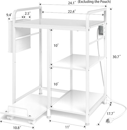 Sedegn Large Printer Stand with 3 AC Outlets for Home Office Devices | Heavy-Duty Printer Table for Laser Printer, Side Paper Storage Bag, 3-Tier Organizer for Shredder, PC Tower & Supplies, White
