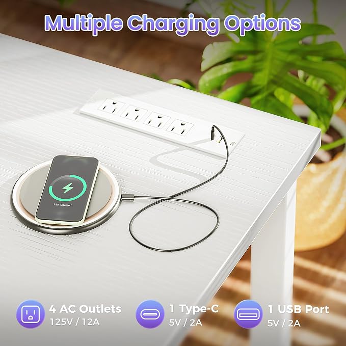 PRAISUN 55 X 20 Inch Office Computer Desk with Power Outlets and USB-C Port, Larger and Longer Gaming Desk, for Home Office, Study, Bedroom, Writing Work from Home Table, Metal Frame, White