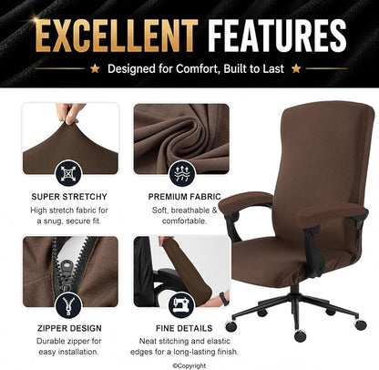 Stretch Computer Office Chair Cover with Armrest Covers Durable Zipper Universal Washable Removable Spandex Rotating Boss Chair Slipcovers Anti-dust Soft Desk Chair Seat Protector, Mocha