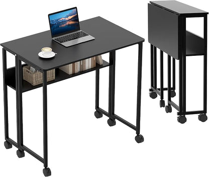 Garvee Folding Desk Small Rolling Desk with Storage Shelf,31.5 Inch Foldable Computer Table for Small Spaces, Space Saving Sofa Table with Wheels for Home Office, Study, Easy Assembly, Black