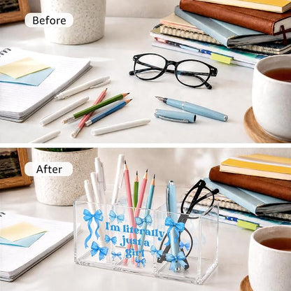 I'm Literally Just A Girl Acrylic Cosmetic Organizer Pen Holder, Blue Bow Desk Vanity Organizers Accessories With 3 Compartments, Birthday Appreciation Gifts for Bestie Sister Bow Lovers BBF