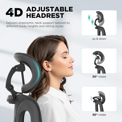 Ergonomic Office Chair with 3-Zone Dynamic Lumbar Support, Big and Tall Office Chair with Footrest, Adjustable Seat Depth,4D Headrest,6D Armrests, Swivel Executive Chair for Home Office,Black