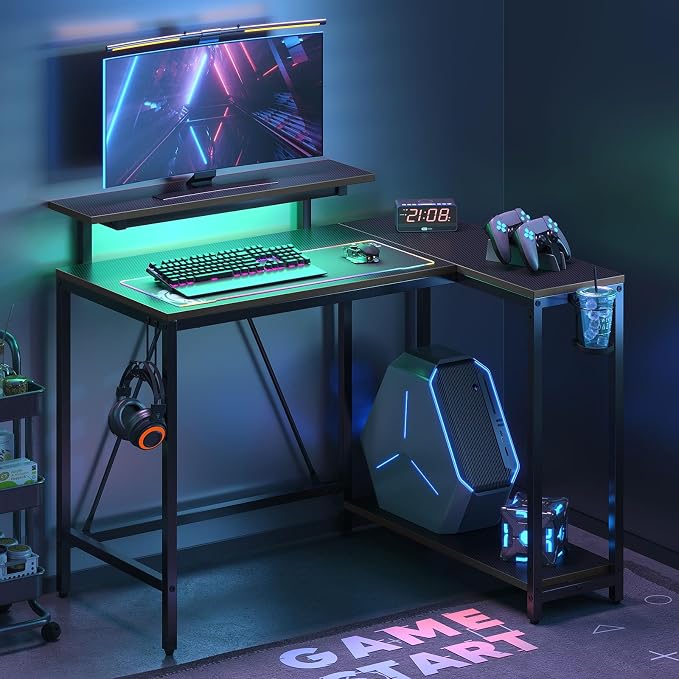 Pinmoco 42" Reversible L-Shaped Desk, Gaming Desk with LED Lights, Monitor Stand, Cup Holder and Headset Hook, Corner Work Station for Home Office, Study and Small Spaces, Carbon Fiber Black | corner desk fits small spaces, monitor stand, cup holder, h...
