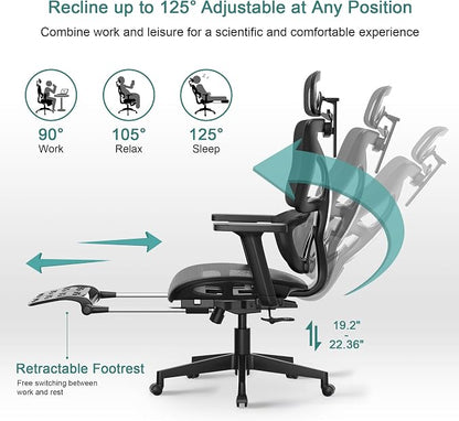 VECELO Swivel Ergonomic High Back Mesh Office Chair with Retractable Footrest, Adjustable Backrest, Tilt Function, 3D Armrests & Headrest, Lumbar Support for Executive/Computer Desk/Task Work, Black