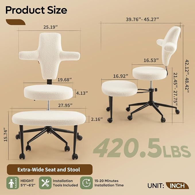Pinmoco Ergonomic Cross Legged Office Chair Extra Wide for ADHD and Meditation, Kneeling Chair with 360° Swivel Wheels and Reversible Seating, Adjustable Height and Seat Depth, Teddy Fabric, White