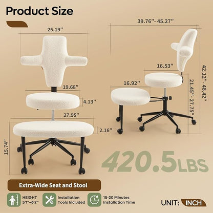 Pinmoco Ergonomic Cross Legged Office Chair Extra Wide for ADHD and Meditation, Kneeling Chair with 360° Swivel Wheels and Reversible Seating, Adjustable Height and Seat Depth, Teddy Fabric, White