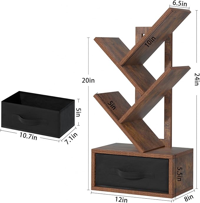 SHEEPAM Small Bookshelf with Drawer,4 Tier Tree Book Shelf,Wood Desk Bookshelves,Modern Free Standing Desktop Display Shelves,Brown Floor Standing Organizer Bookcase for Living Room,Bedroom,Office