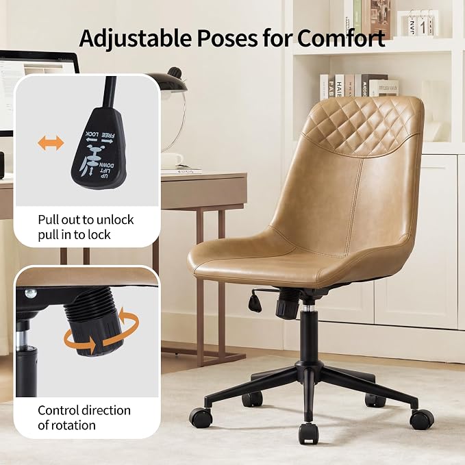 DUHOME Modern PU Leather Office Chair Desk Chair Swivel Computer Chair Camel