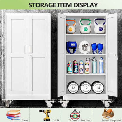 Metal Garage Storage Cabinets and storage system, 75”Tall Rolling utility cabinet with Wheels, Lock, 5 Adjustable Shelves, Heavy Duty Steel Tool Locker for Home Office, Utility Room, Gym,White