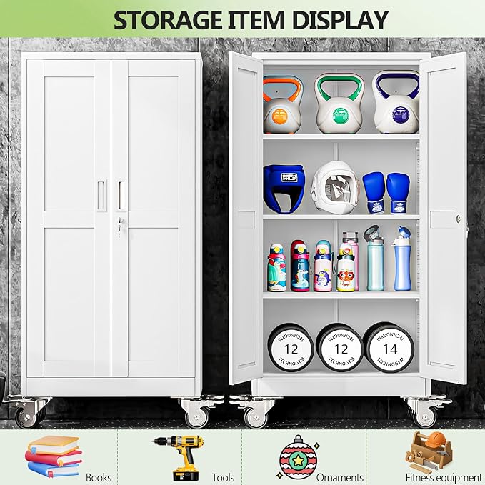 Metal Garage Storage Cabinets and storage system, 61”Tall Rolling utility cabinet with Wheels, Lock, 3 Adjustable Shelves, Heavy Duty Steel Tool Locker for Home Office, Utility Room, Gym,White
