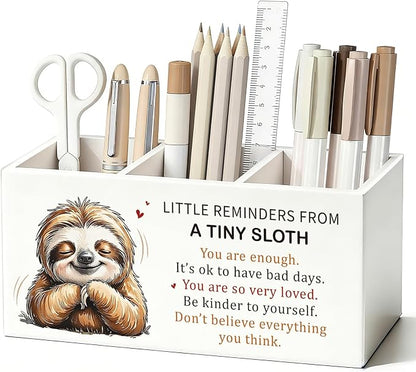 Inspirational Little Reminders Sloth Pen Pencil Holder for Desk, Sloth Gifts, Positive Motivational Mental Health Wooden Box Sign Decorations for Home Office Kids Room Bedroom Desk Tabletop