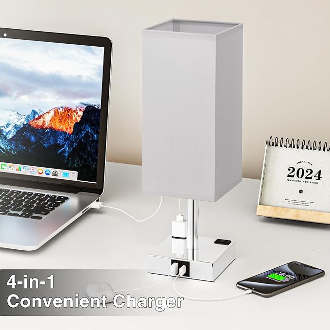 aooshine Touch Bedside Table Lamp Set of 2-3-Way Dimmable Night Lamp with USB A + Type C Charging Ports and Two AC Outlets, Small Desk Light with E26 LED Bulb for Bedroom Living Room Dorm Office